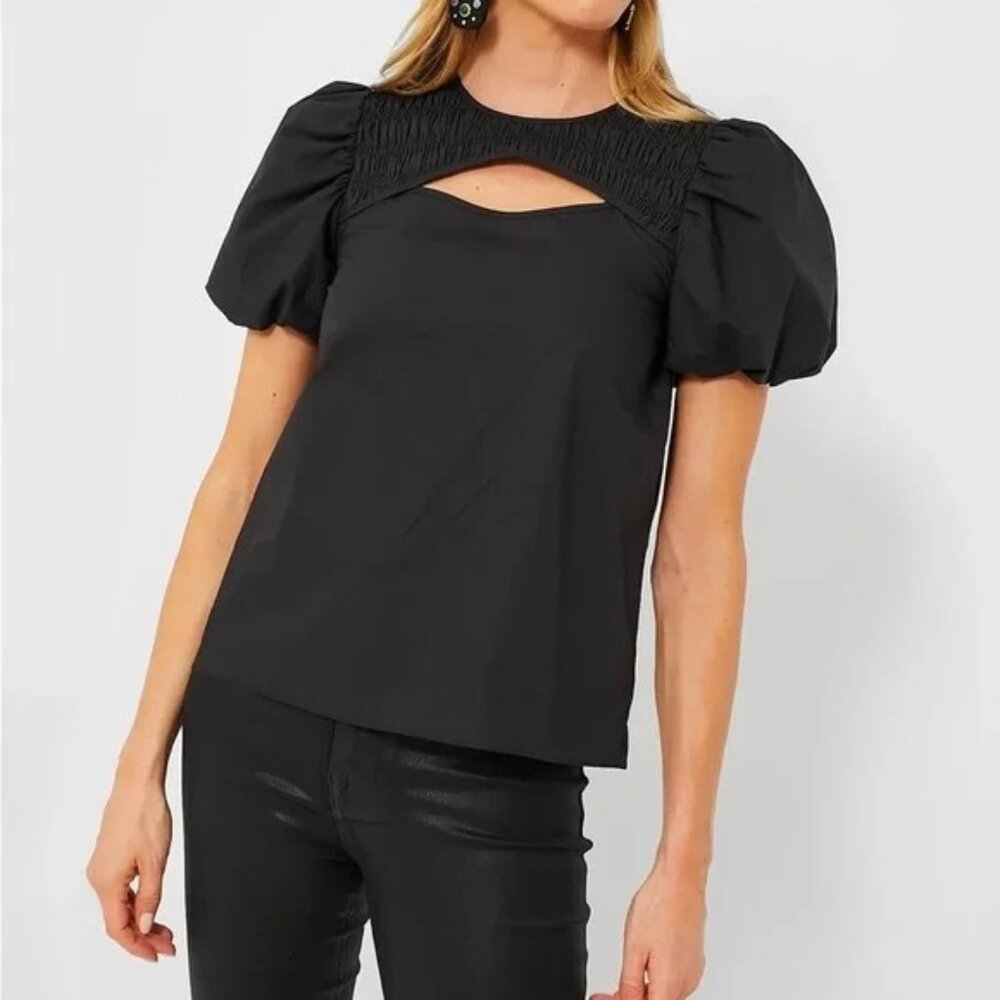 Hyacinth House by Tuckernuck Black Keyhole Birdie Blouse sz L Puff Sleeve Top